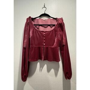 Baevely‎ Pink Velvet Long Sleeve Button Front Top Shoulder Bow Coquette Blouse